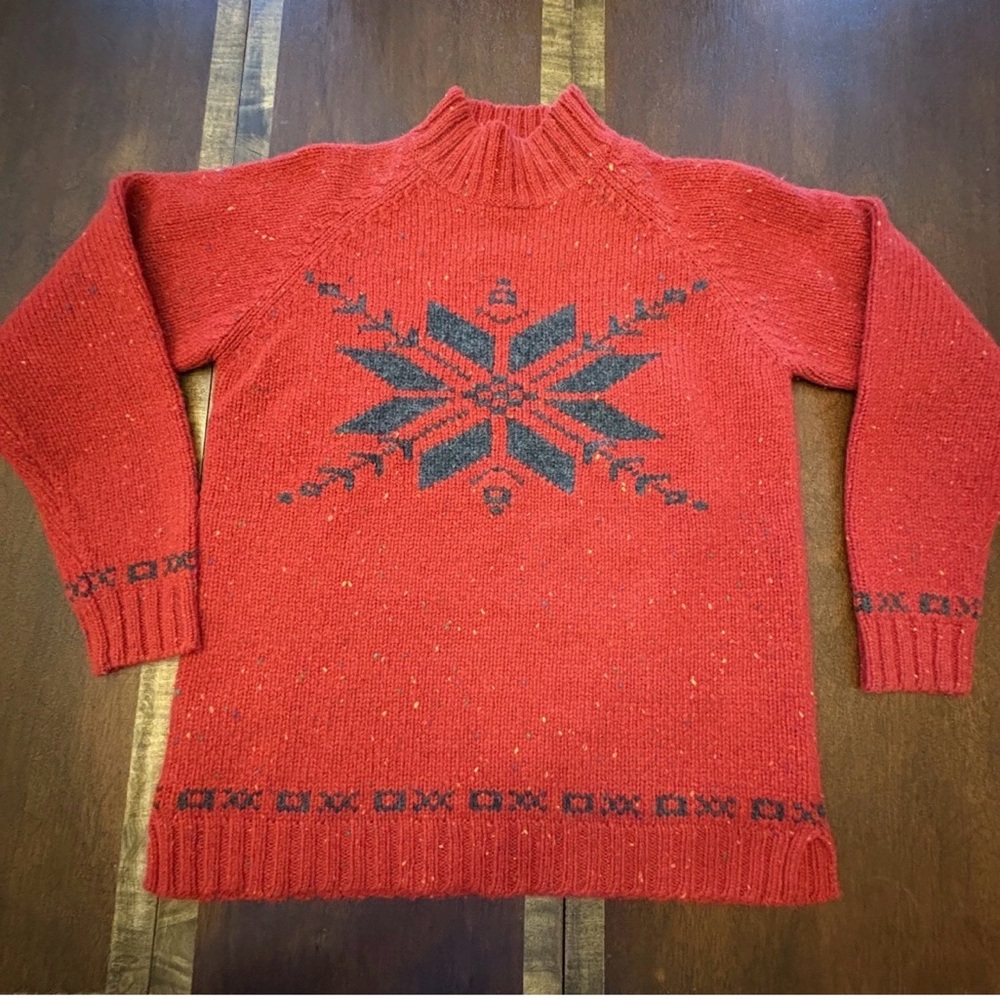 Eddie Bauer Sweater VTG 100% Wool Red/Grey Snowflake Women XS Petite Heavy